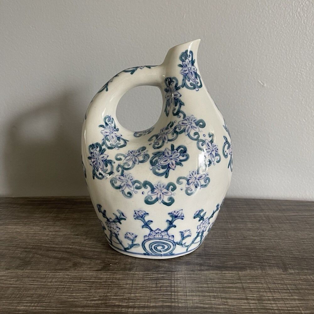 Vintage Handmade Chinese Ceramic Vase With Blue Pink Green Flowers Design 7”